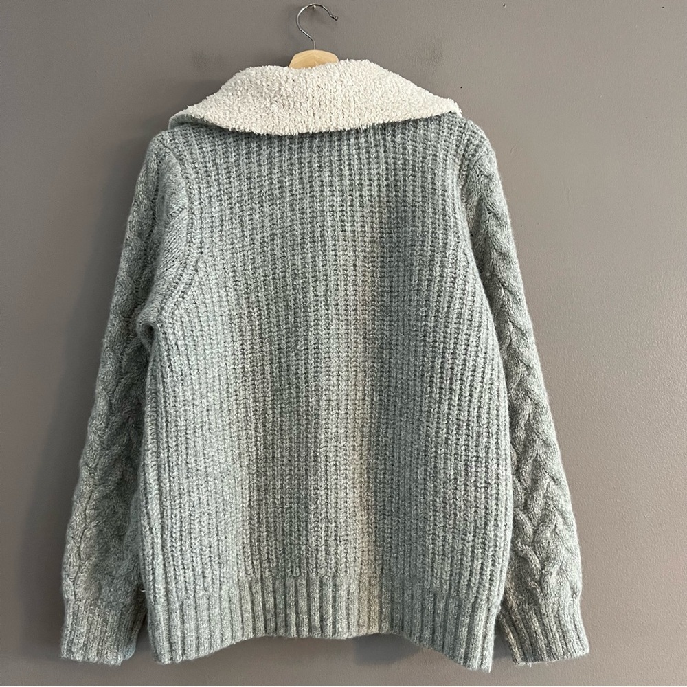 Lucky Brand Cable Knit Cardigan Sweater Wool Blend Chunky V-neck Pockets Gray M - Picture 2 of 16
